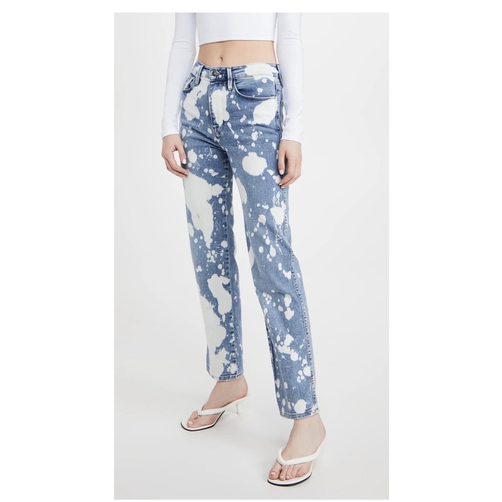 FRAME Le Sylvie Slender Straight Bleach Splatter Jeans Blue White Festival 27